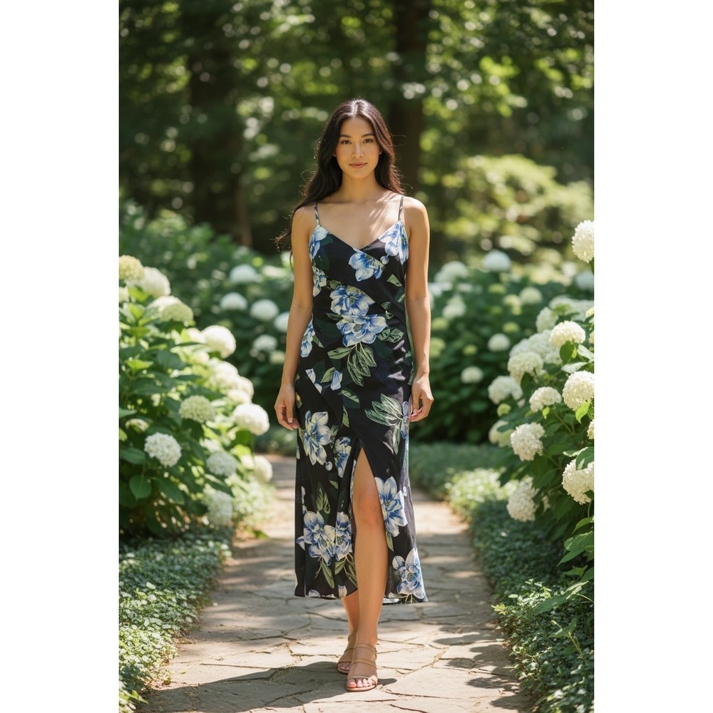 Banana Republic Floral Midi Dress Black Blue Lily Faux Wrap Slit Size 10